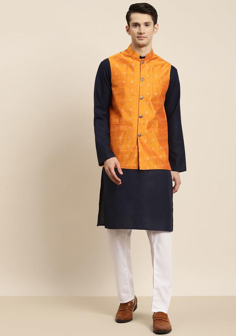 Navy Blue Solid Poly Blend Kurta Set For Men