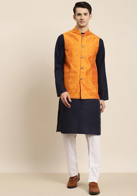 Navy Blue Solid Poly Blend Kurta Set For Men