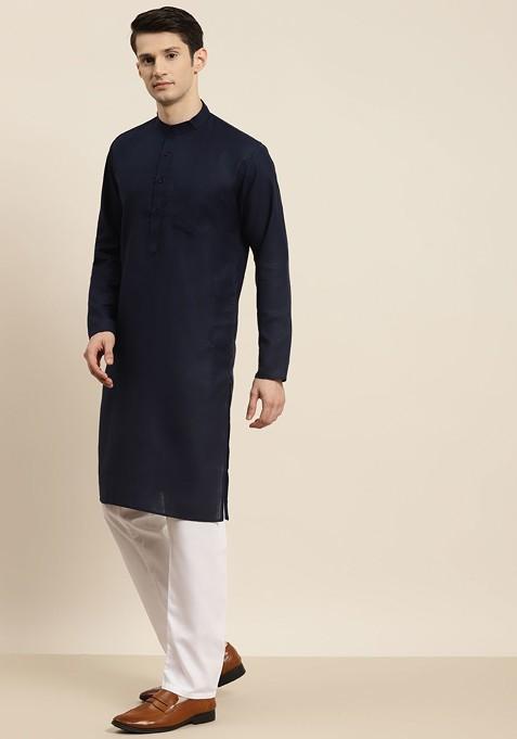 Navy Blue Solid Poly Blend Kurta Set For Men