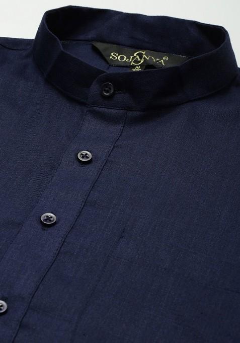 Navy Blue Solid Poly Blend Kurta Set For Men