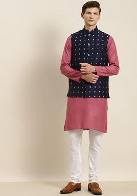 Coral Pink Solid Poly Blend Kurta Set For Men