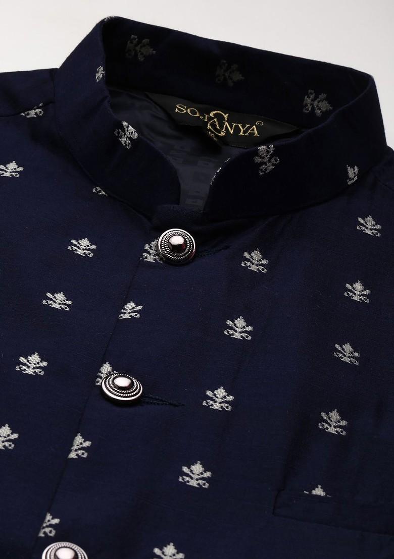 Coral Pink Solid Poly Blend Kurta Set For Men