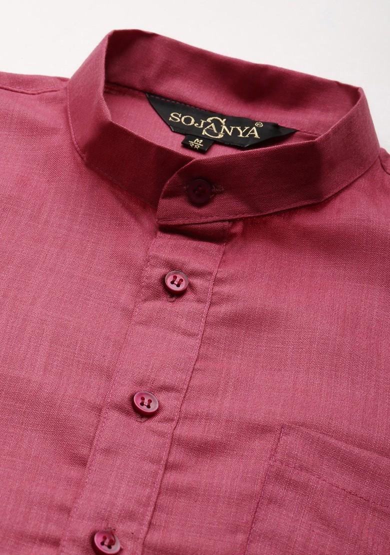 Coral Pink Solid Poly Blend Kurta Set For Men
