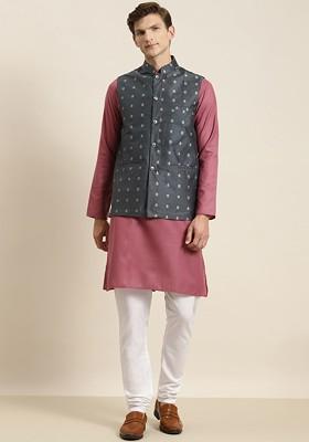 Coral Pink Solid Poly Blend Kurta Set For Men