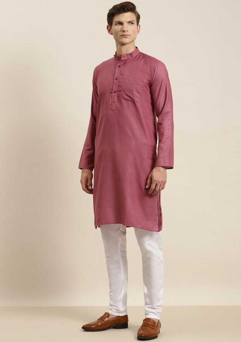 Coral Pink Solid Poly Blend Kurta Set For Men