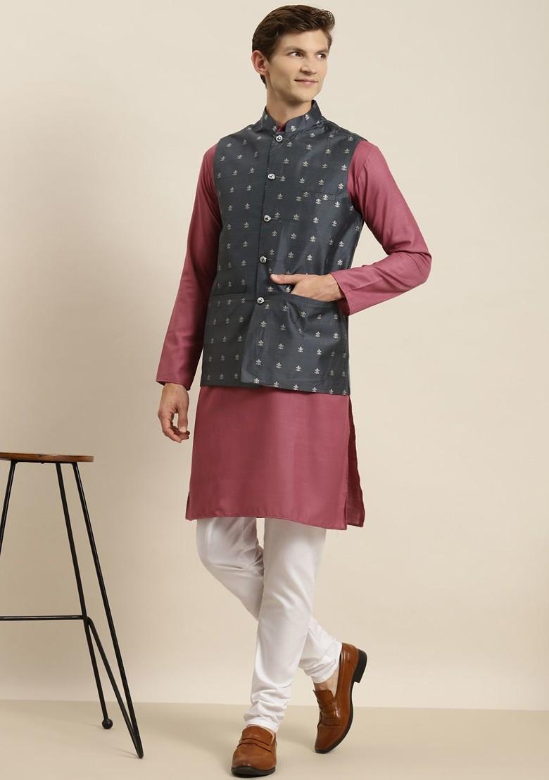 Coral Pink Solid Poly Blend Kurta Set For Men