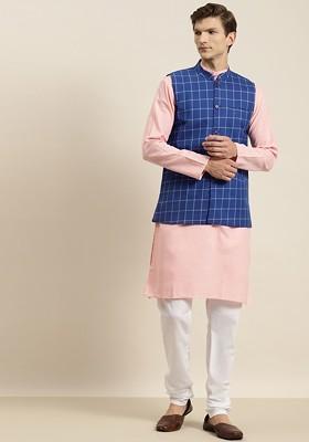 Pink Solid Poly Blend Kurta Set For Men