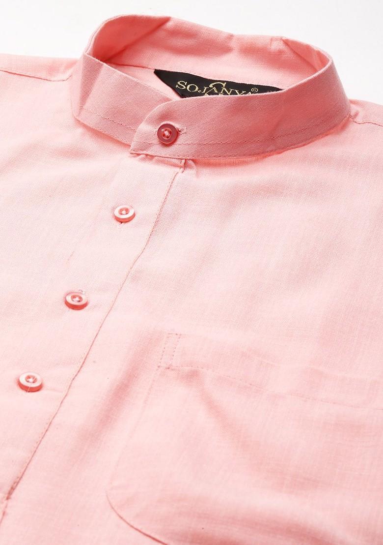Pink Solid Poly Blend Kurta Set For Men