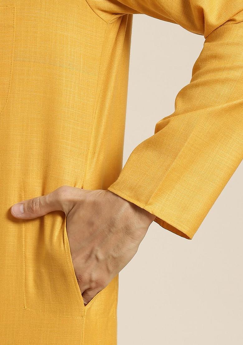 Mustard Solid Poly Blend Kurta Set For Men