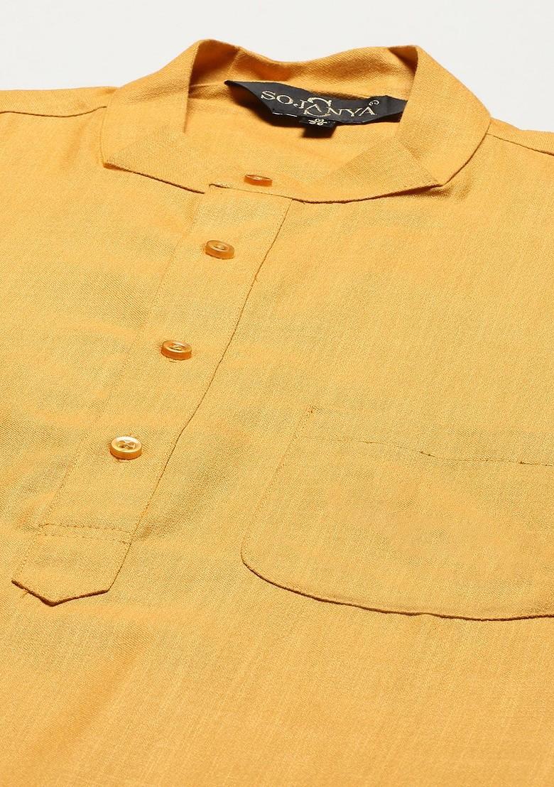 Mustard Solid Poly Blend Kurta Set For Men