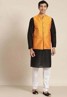 Black Ethnic Motifs Cotton Kurta Set For Men