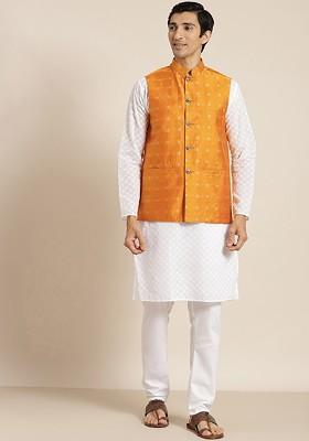 White Ethnic Motifs Cotton Kurta Set For Men