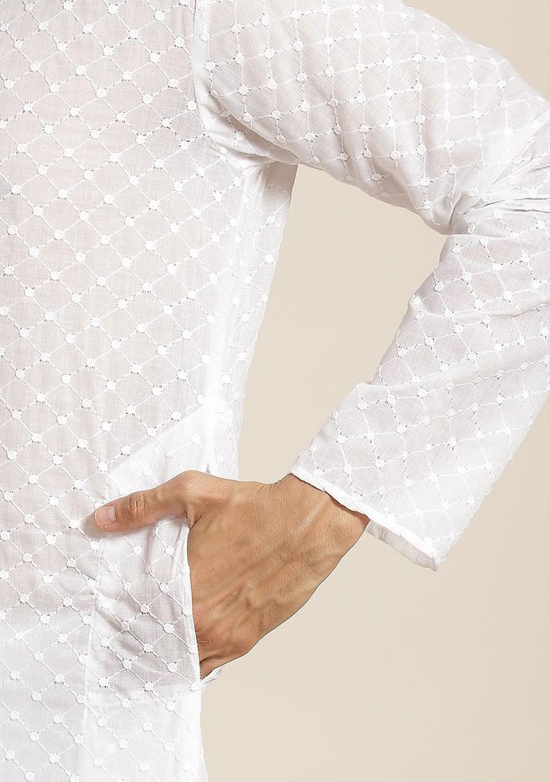 White Ethnic Motifs Cotton Kurta Set For Men