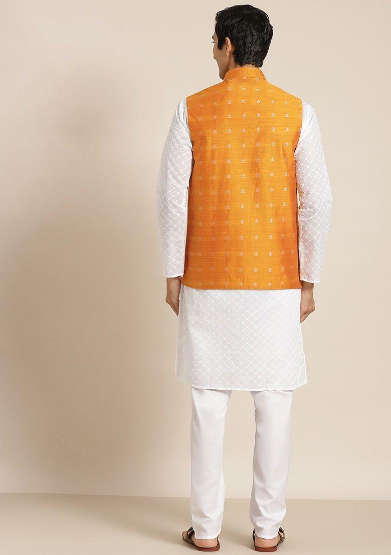 White Ethnic Motifs Cotton Kurta Set For Men