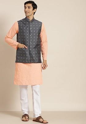 Peach Ethnic Motifs Cotton Kurta Set For Men