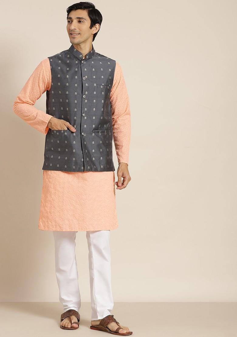 Peach Ethnic Motifs Cotton Kurta Set For Men