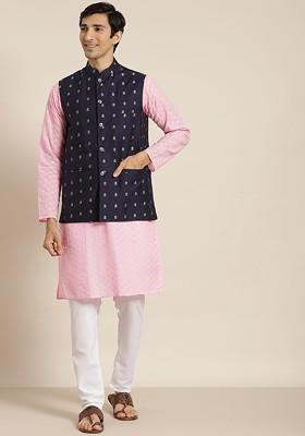Pink Ethnic Motifs Cotton Kurta Set For Men