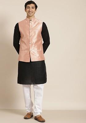 Black Ethnic Motifs Cotton Kurta Set For Men