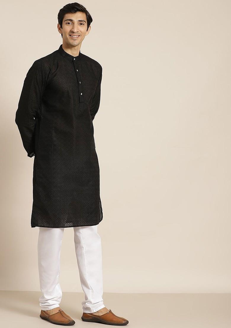 Black Ethnic Motifs Cotton Kurta Set For Men