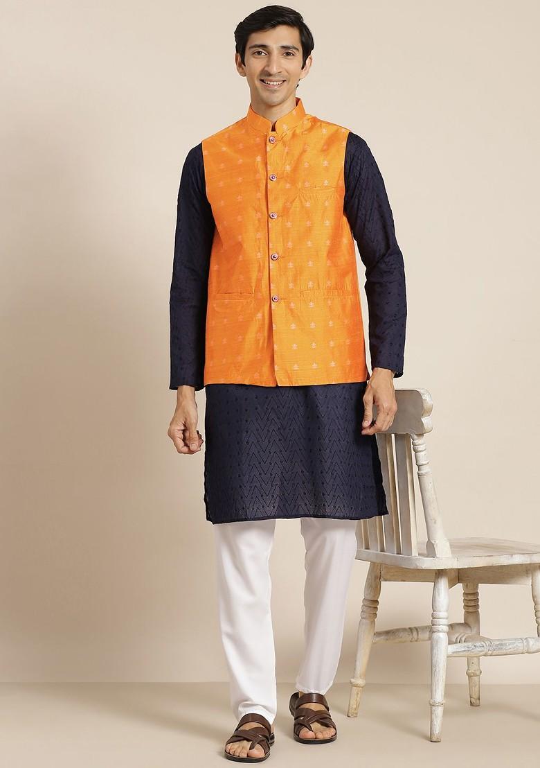 Navy Blue Ethnic Motifs Cotton Kurta Set For Men