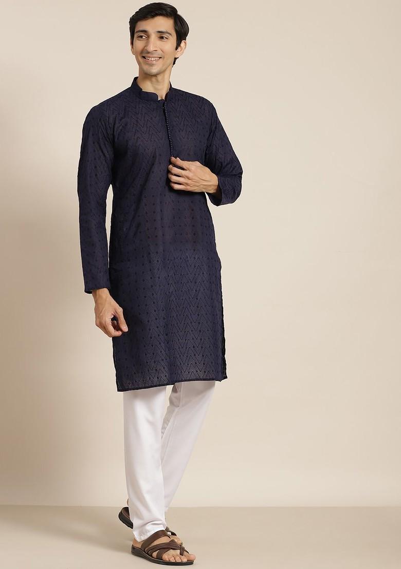 Navy Blue Ethnic Motifs Cotton Kurta Set For Men