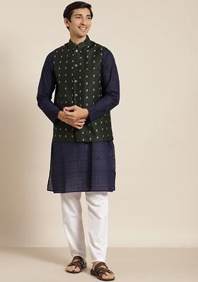 Navy Blue Ethnic Motifs Cotton Kurta Set For Men