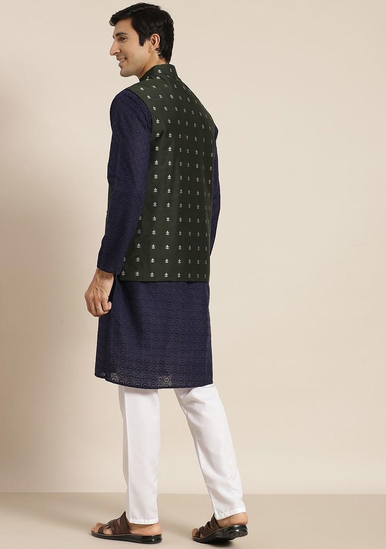 Navy Blue Ethnic Motifs Cotton Kurta Set For Men