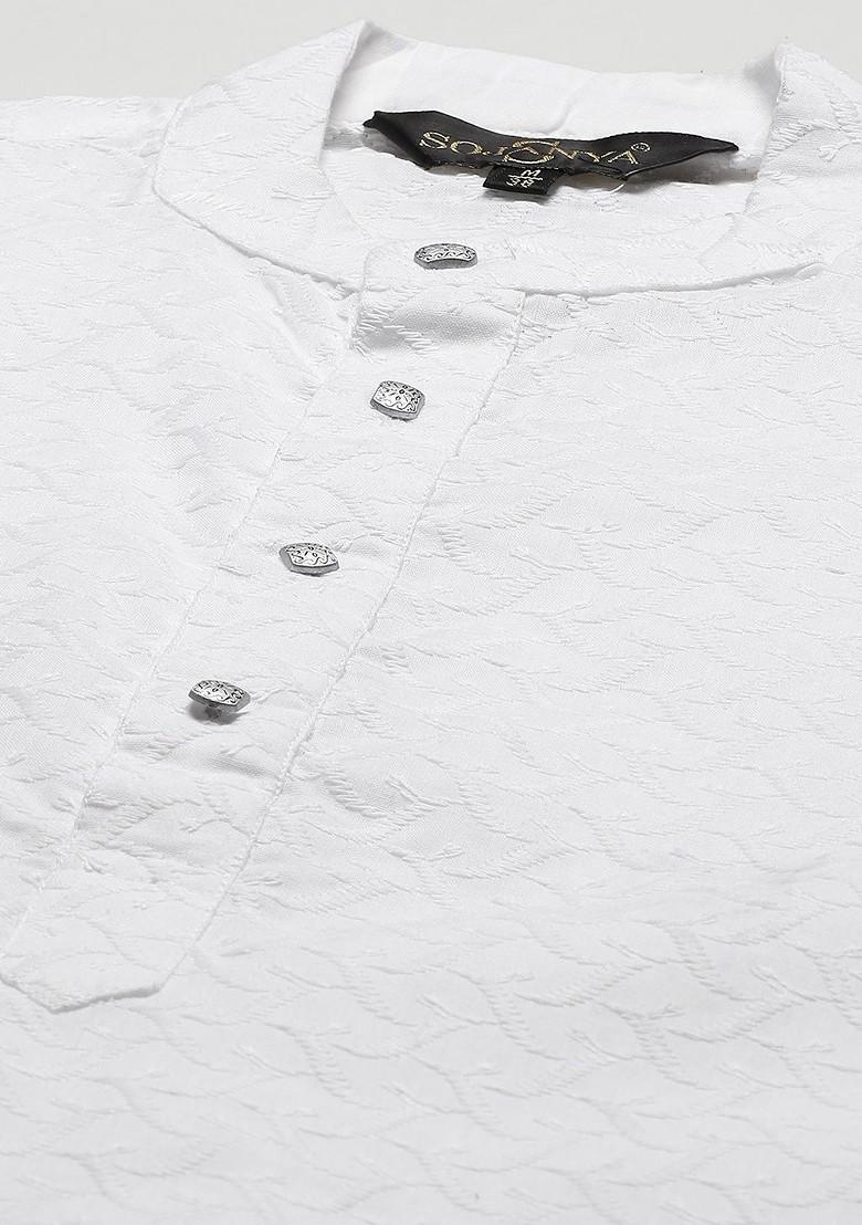 White Ethnic Motifs Cotton Kurta Set For Men