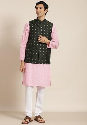 Pink Ethnic Motifs Cotton Kurta Set For Men
