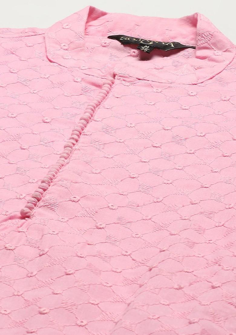 Pink Ethnic Motifs Cotton Kurta Set For Men