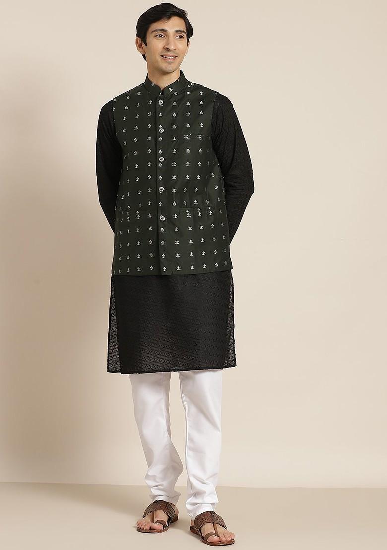 Black Chikankari Cotton Kurta Set For Men