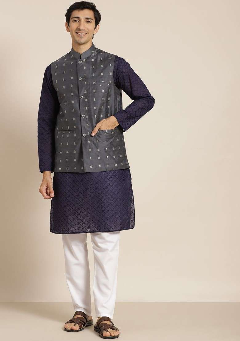 Navy Blue Ethnic Motifs Cotton Kurta Set For Men - Indya