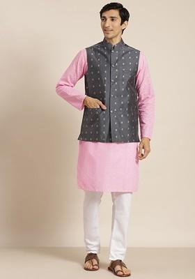 Pink Chikankari Cotton Kurta Set For Men
