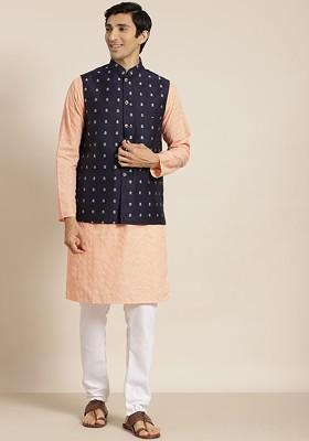 Peach Chikankari Cotton Kurta Set For Men