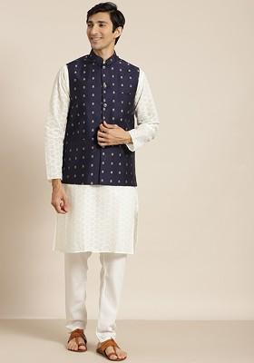 Cream Chikankari Cotton Kurta Set For Men