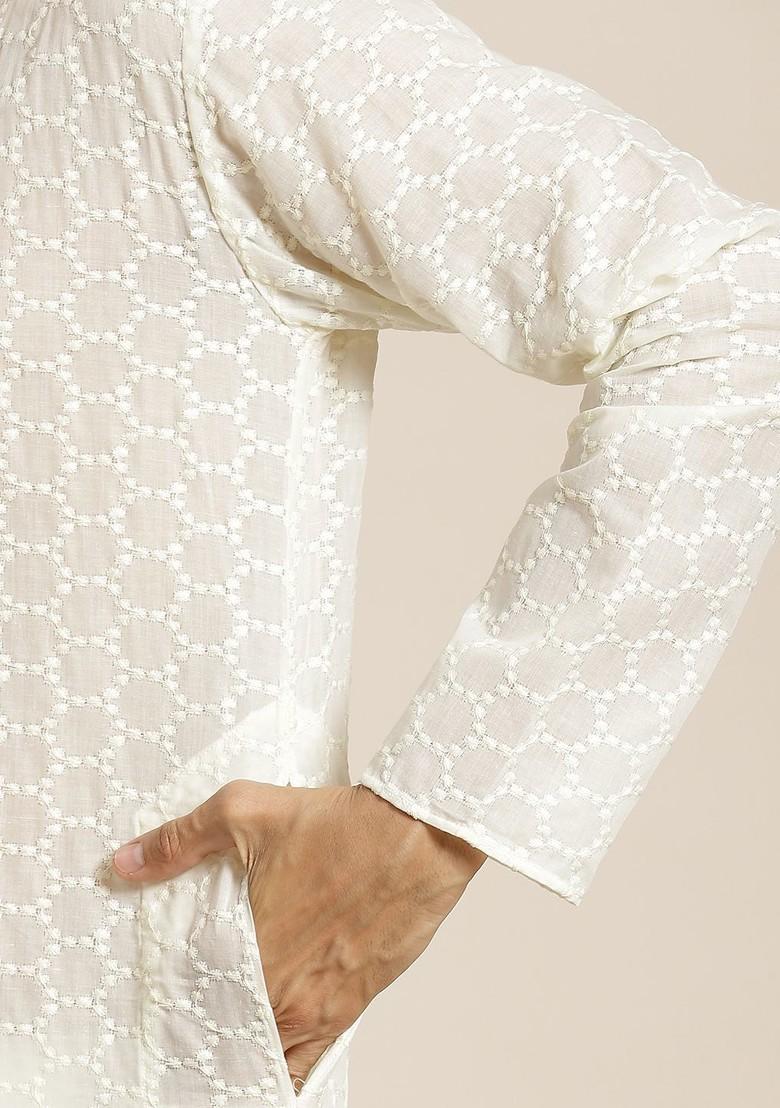 Cream Chikankari Cotton Kurta Set For Men