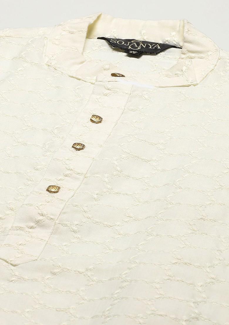 Cream Chikankari Cotton Kurta Set For Men