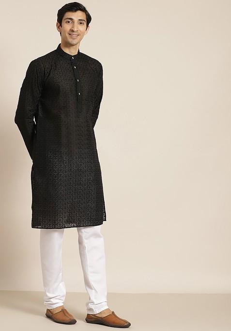 Black Chikankari Cotton Kurta Set For Men