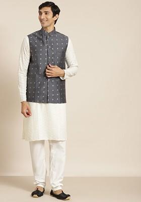 Cream Chikankari Cotton Kurta Set For Men
