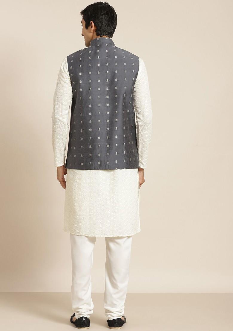 Cream Chikankari Cotton Kurta Set For Men
