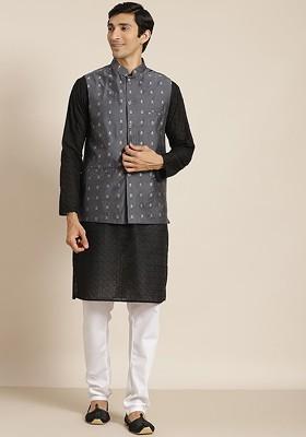 Black Chikankari Cotton Kurta Set For Men