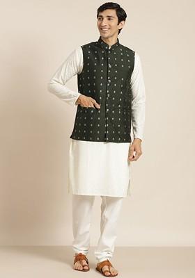 Cream Chikankari Cotton Kurta Set For Men