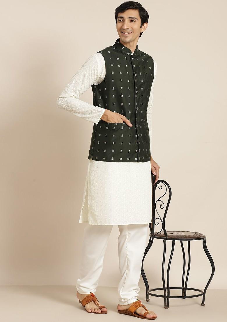 Cream Chikankari Cotton Kurta Set For Men