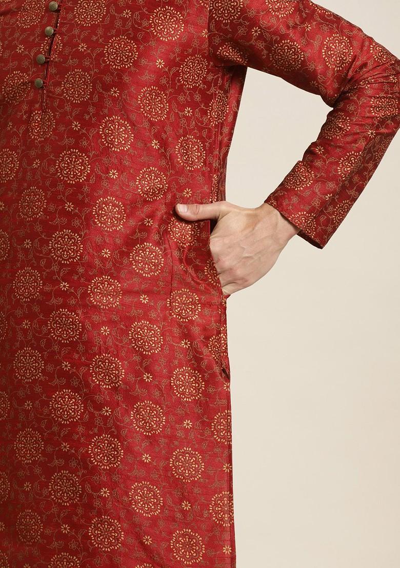 Maroon Ethnic Motifs Poly Blend Kurta Set For Men