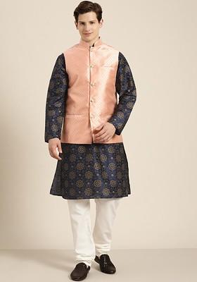 Navy Blue Woven Poly Blend Kurta Set For Men