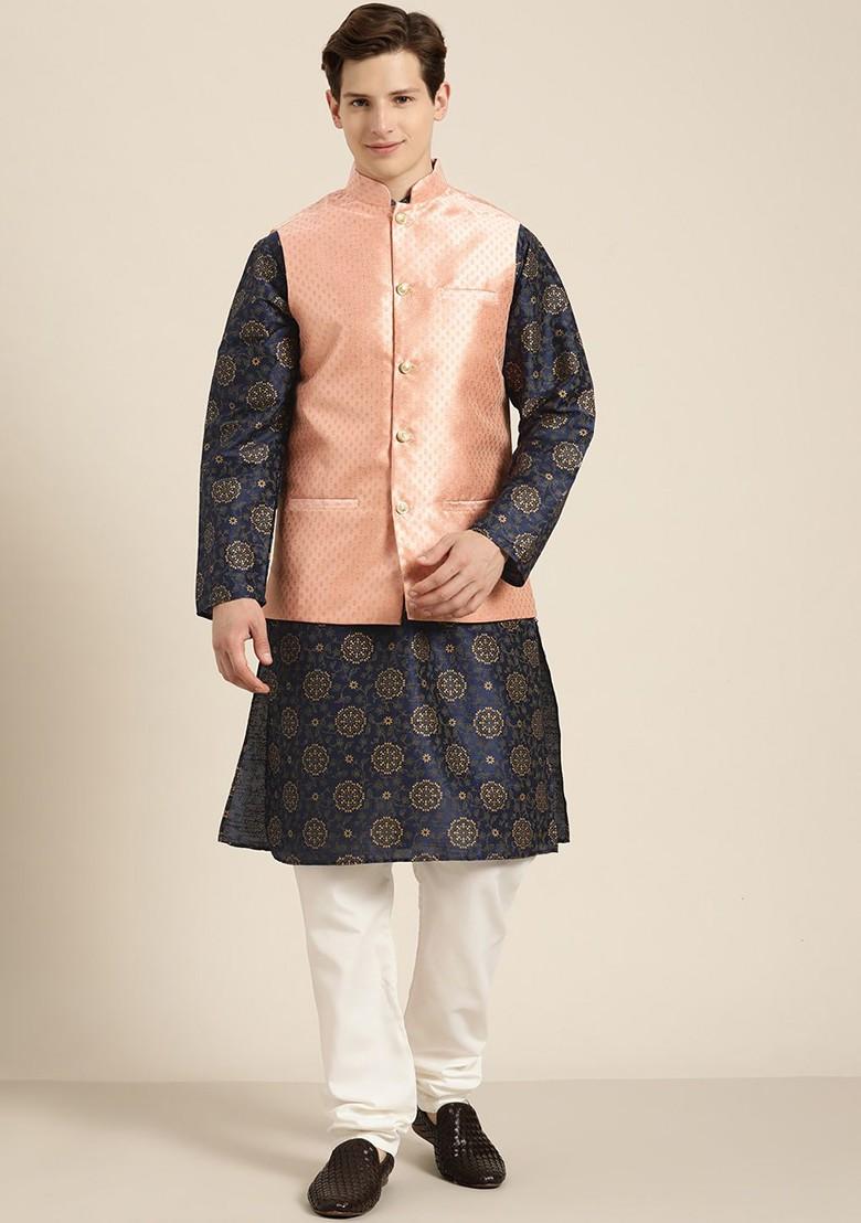 Navy Blue Woven Poly Blend Kurta Set For Men