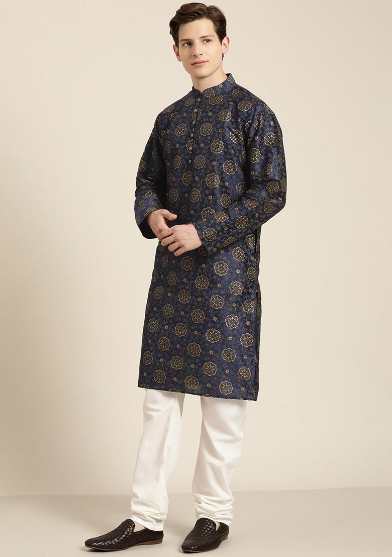 Navy Blue Woven Poly Blend Kurta Set For Men