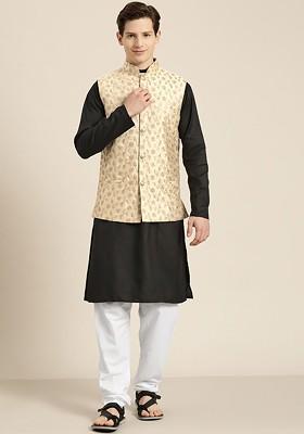 Black Solid Cotton Kurta Set For Men