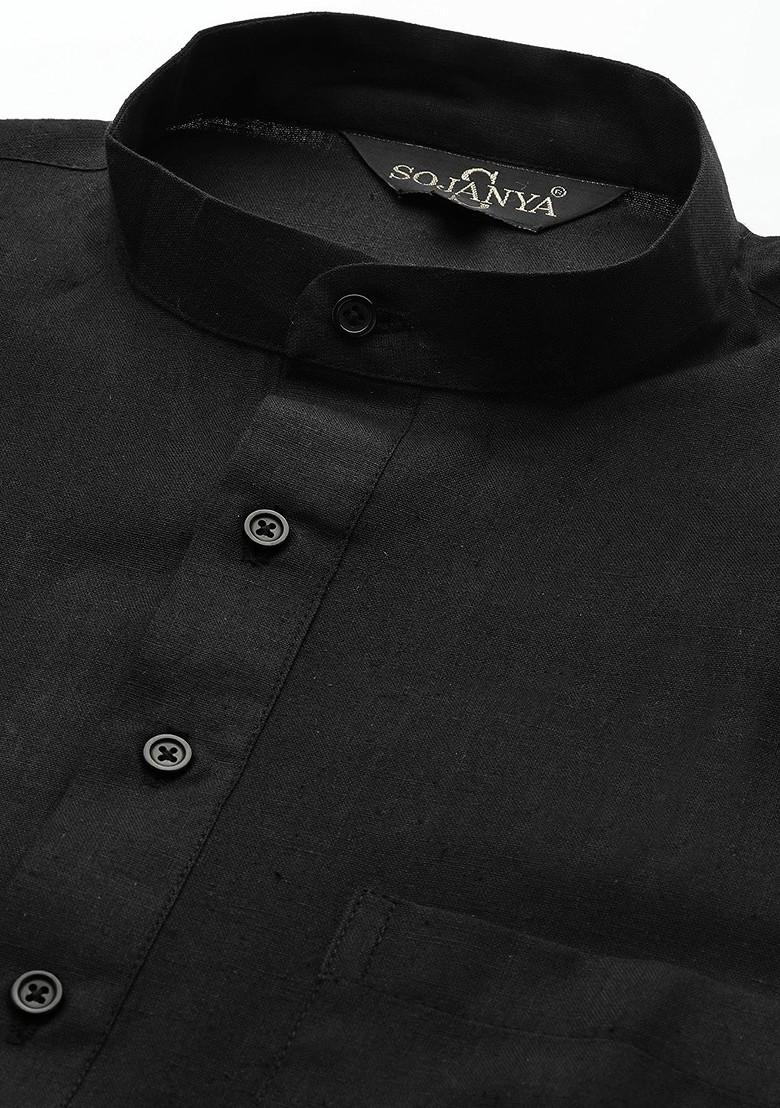 Black Solid Cotton Kurta Set For Men