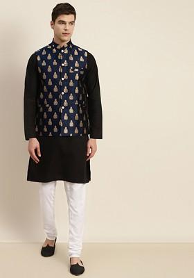 Black Solid Cotton Kurta Set For Men